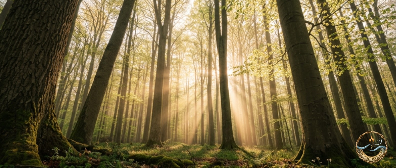 Ostara Spring Equinox Depicted by warming sun fire element through tree canopy