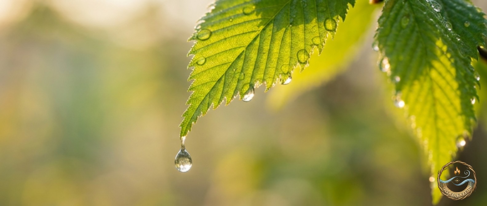 Ostara Spring Equinox Depicted with rain dripping from a new leaf