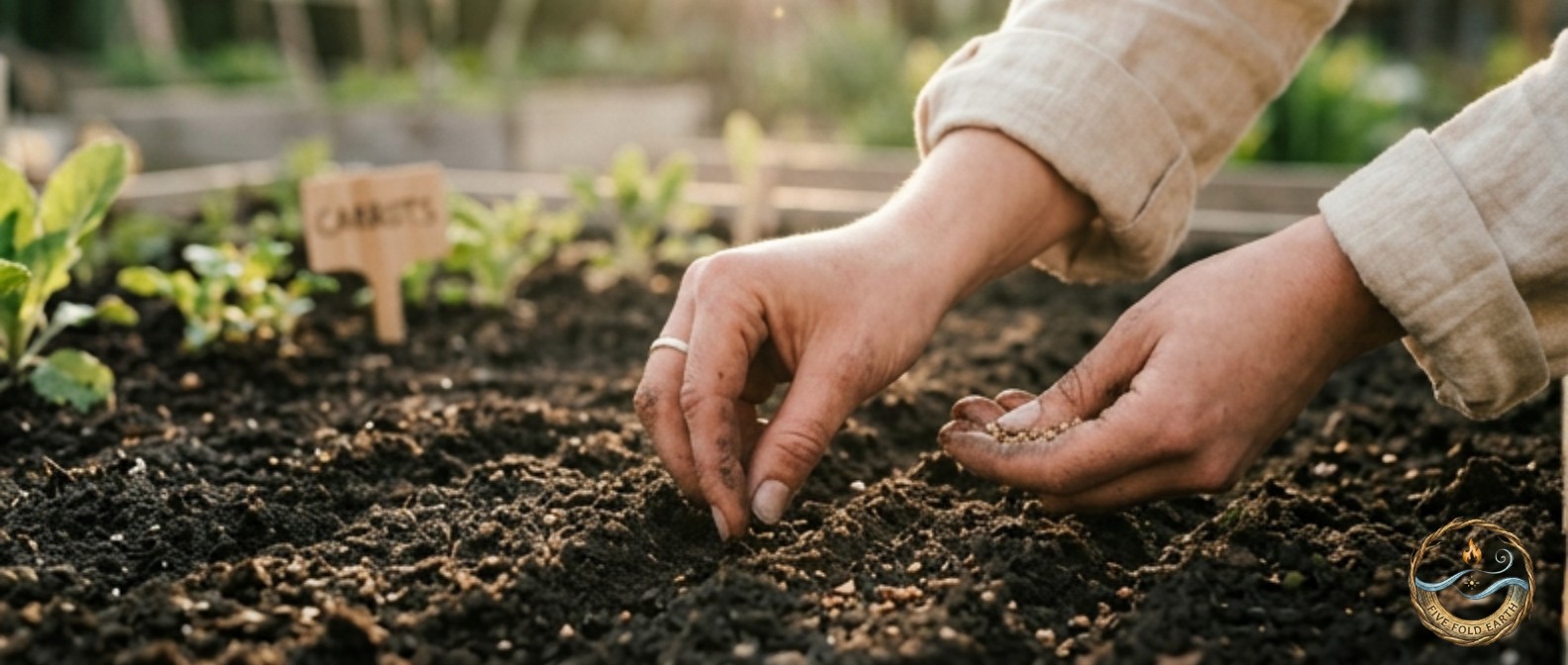 Ostara Spring Equinox depicted by woman planting seeds.