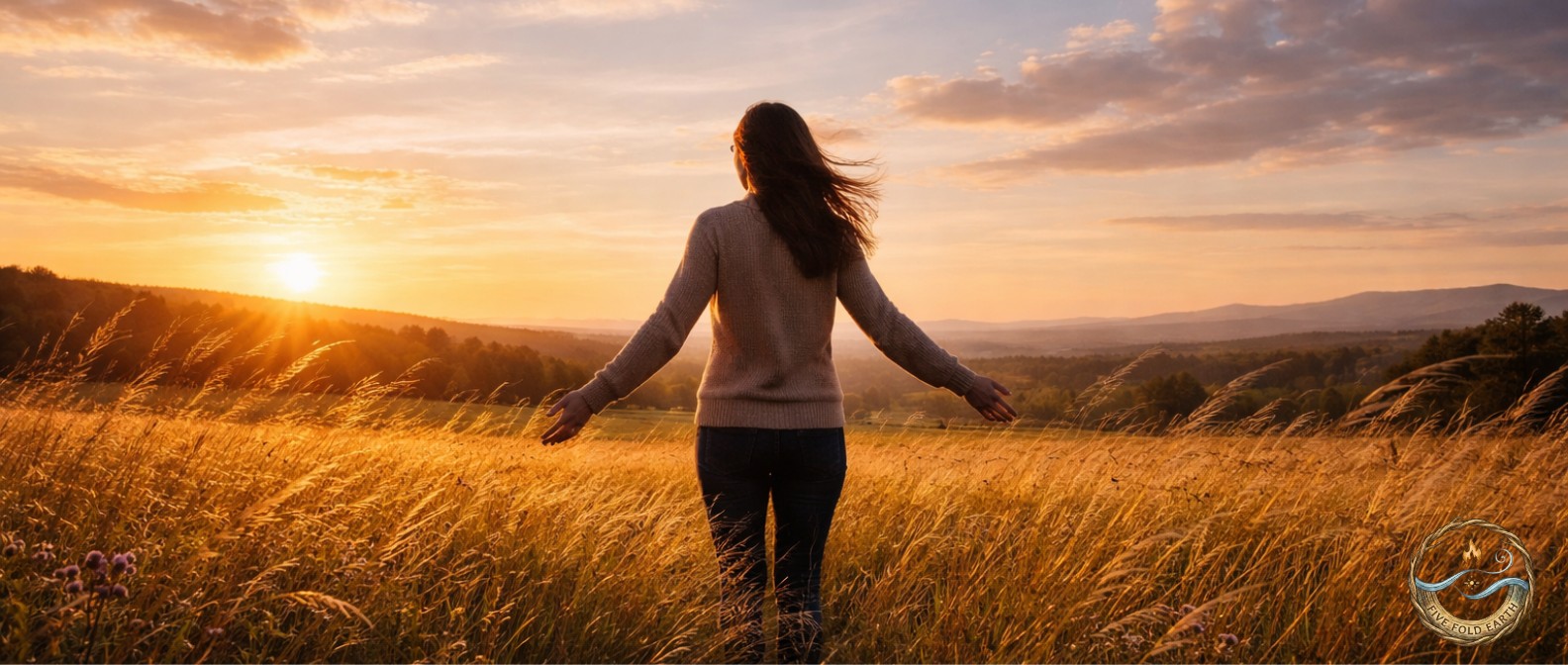 Woman reflecting on Wind Symbolism in Nature Spirituality in breezy field at sunset.