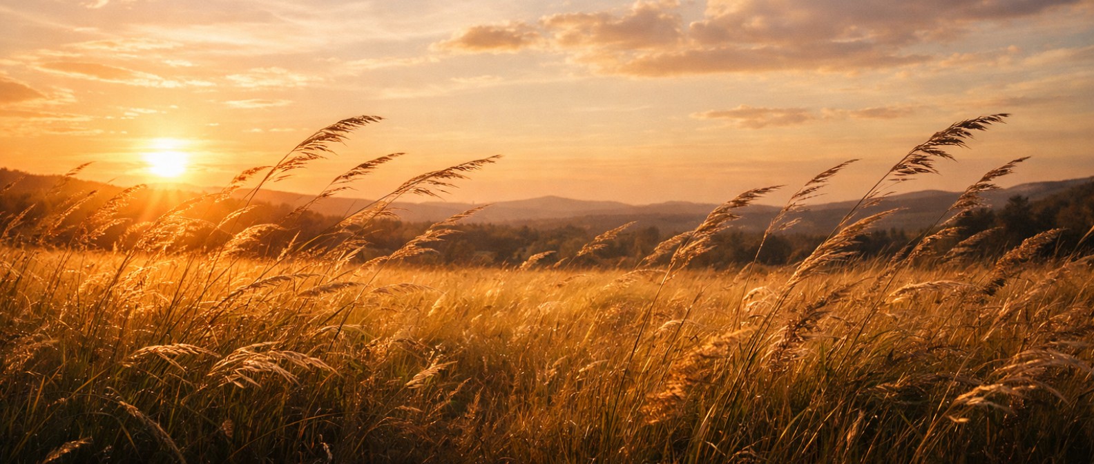 Wind Symbolism in Nature Spirituality depicted by grass blowing in field at sunset