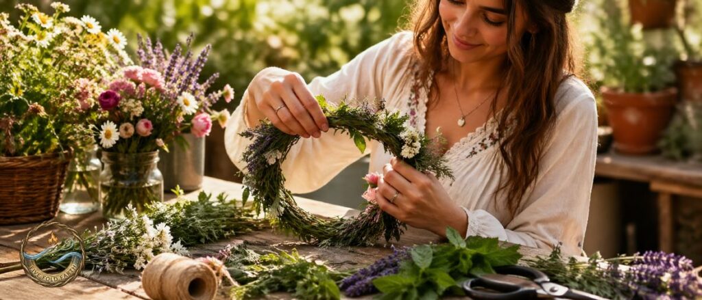 Beltane DIY Crafts Crown Woman assembling crown