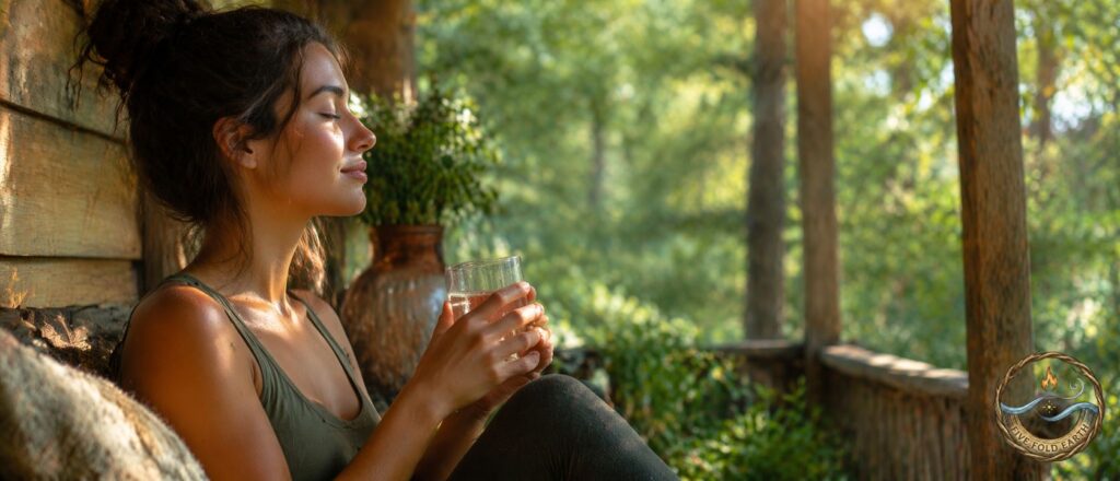 Hydration and mental clarity represented by woman having a clarifying moment