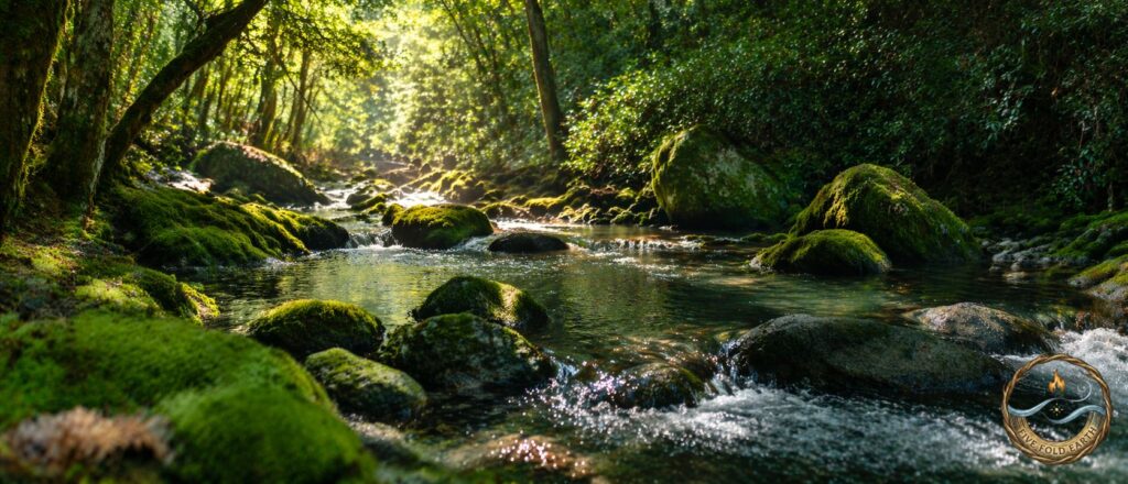 Spiritual benefits of water represented by peaceful nature stream
