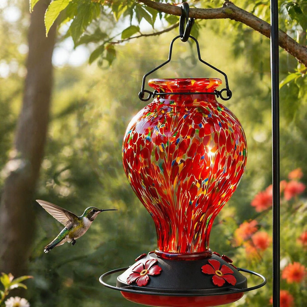Red Glass hummingbird feeder