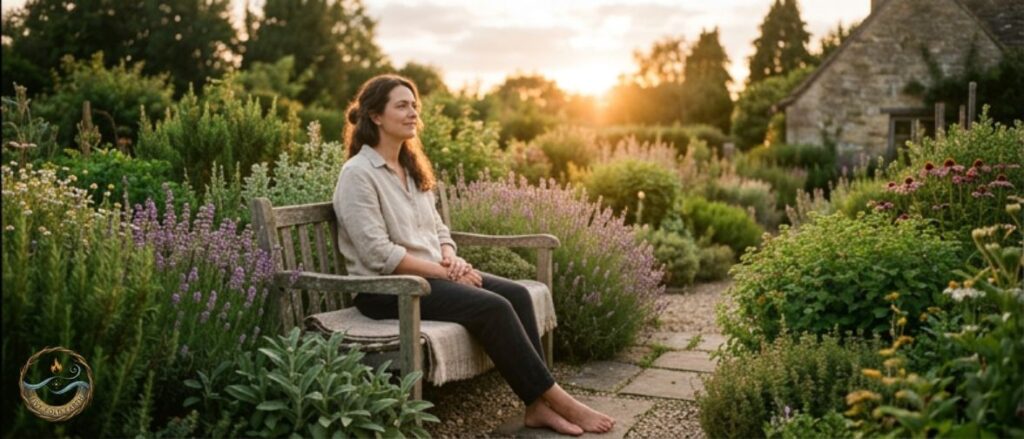 Woman sitting on bench near her medicinal herbs realizing the most powerful medicine is within you