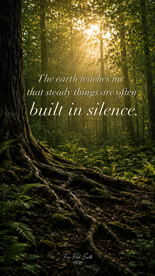 Growth affirmation with forest floor and roots showing how steady things are built in silence