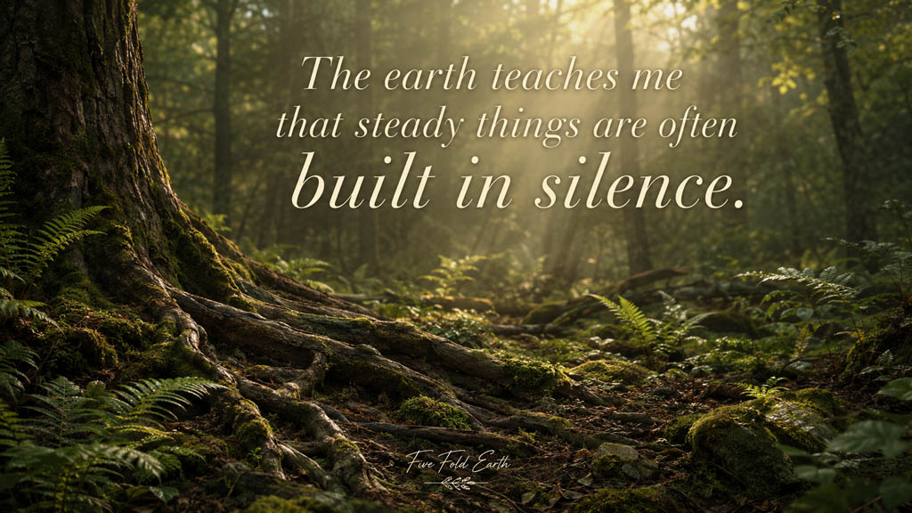 Growth affirmation with forest floor and roots showing how steady things are built in silence