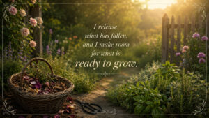 I release what has fallen affirmation represented by a basket of fallen leaves and petals in a garden
