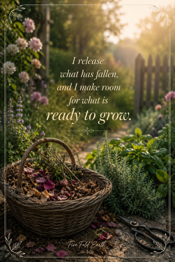 I release what has fallen affirmation represented by a basket of fallen leaves and petals in a garden