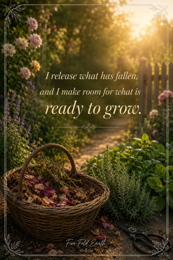I release what has fallen affirmation represented by a basket of fallen leaves and petals in a garden