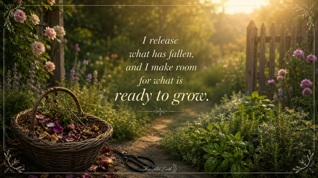I release what has fallen affirmation represented by a basket of fallen leaves and petals in a garden