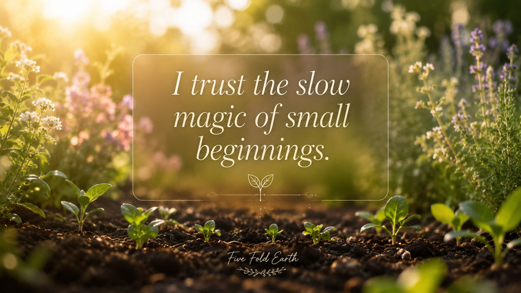 Garden seedling scene representing magic of small beginnings affirmation quote