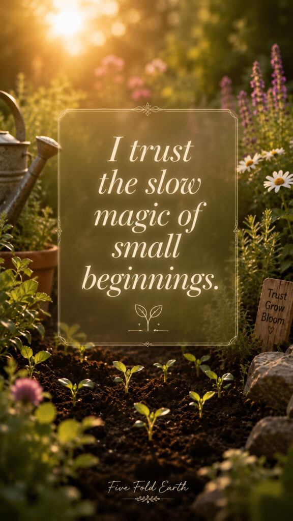 Garden seedling scene representing magic of small beginnings affirmation quote