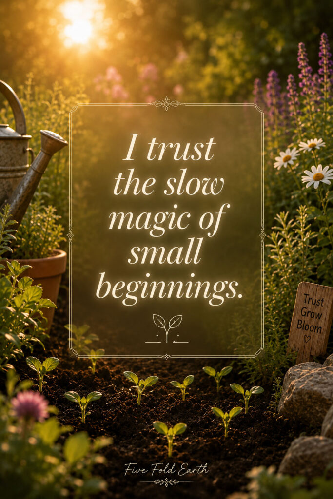 Garden seedling scene representing magic of small beginnings affirmation quote