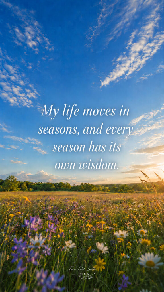 I release what has fallen affirmation represented by a basket of fallen leaves and petals in a garden