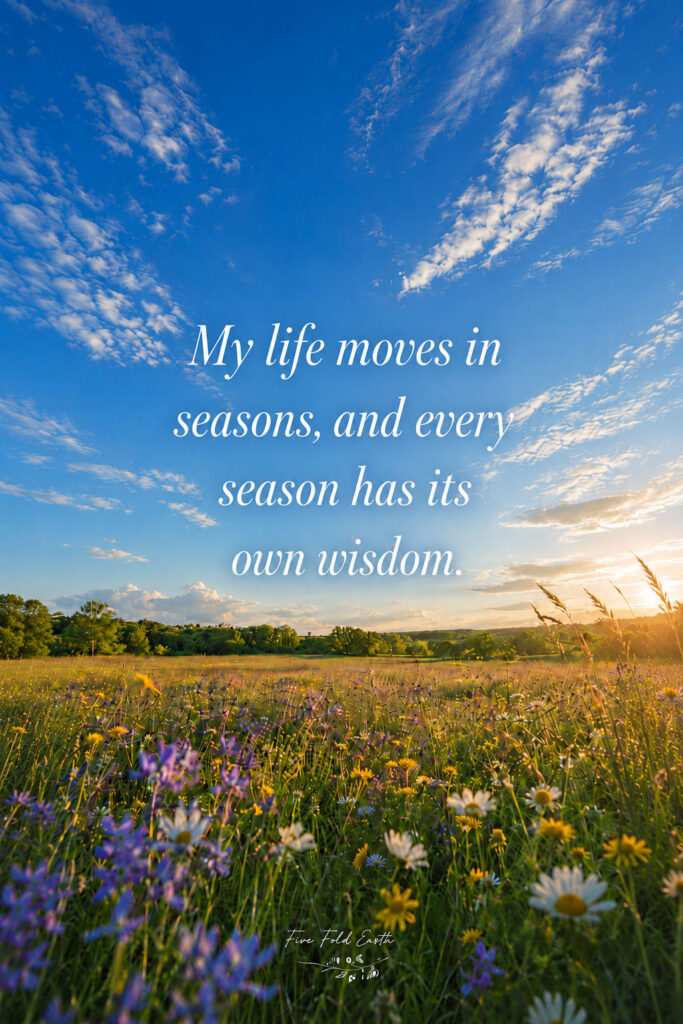 I release what has fallen affirmation represented by a basket of fallen leaves and petals in a garden