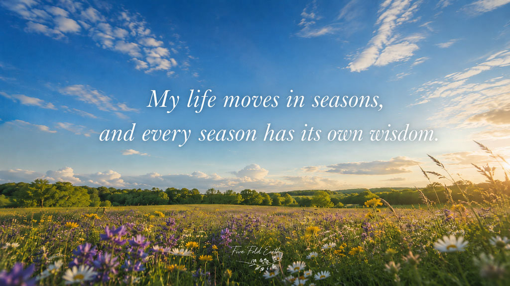 My life moves in seasons affirmation with a field of spring flowers