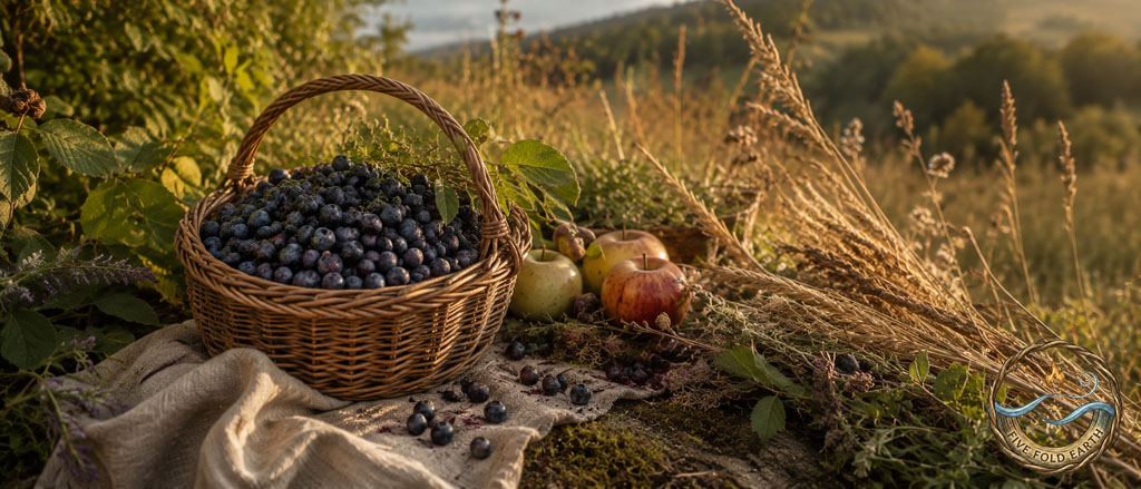 Basket of dark bilberries and first fruits beside grasses and late-summer leaves for Lughnasadh harvest folklore.