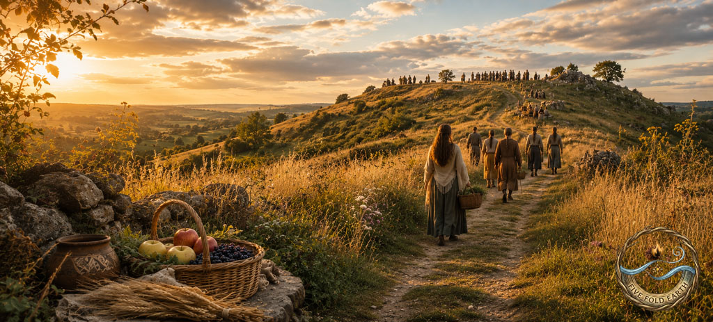 Small groups of people walking a warm August hillside path for a Lughnasadh-inspired harvest gathering.