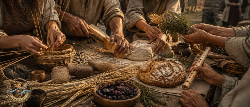 Hands practicing harvest skills including weaving, carving, bread making and trading herbs at a Lughnasadh-inspired gathering.