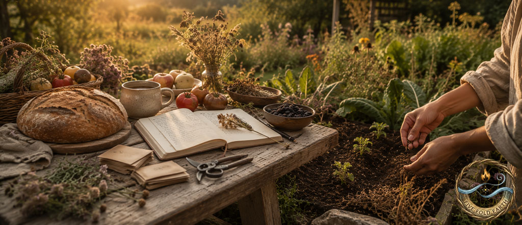Modern Lughnasadh-inspired garden scene with bread, fruit, journal, seed heads and hands giving care back to the soil.