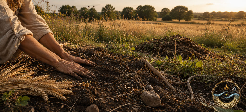 Woman’s hands resting on soil and cut grain in a symbolic late-summer landscape inspired by Tailtiu and harvest labor.