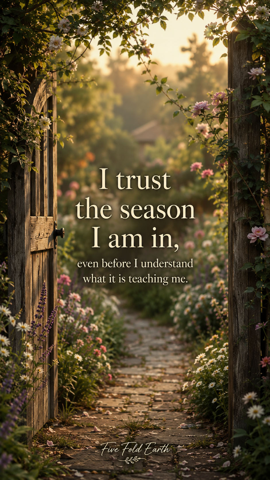 I trust the season I am in self-trust affirmation image of open garden gate