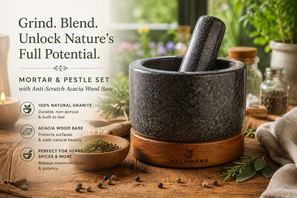 Mortar Pestle Acacia Base