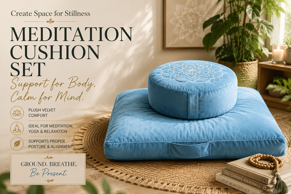 Meditation Cushion Set Large Velvet Floor Pillow & Traditional Tibetan Yoga Bolster