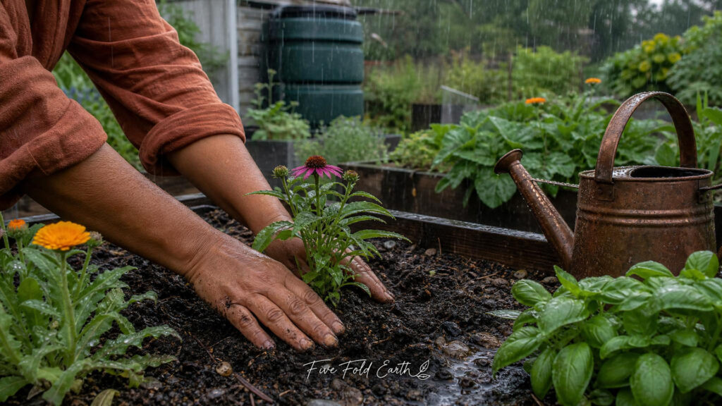 Spiritual meaning of rain depicted by garden nourishment