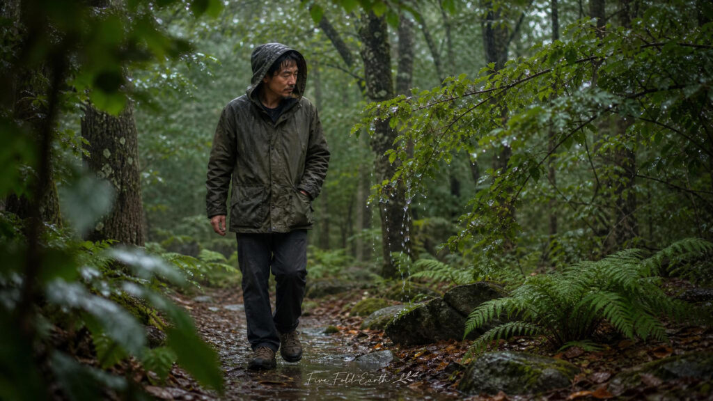 Spiritual meaning of rain depicted by woodland rain reflection