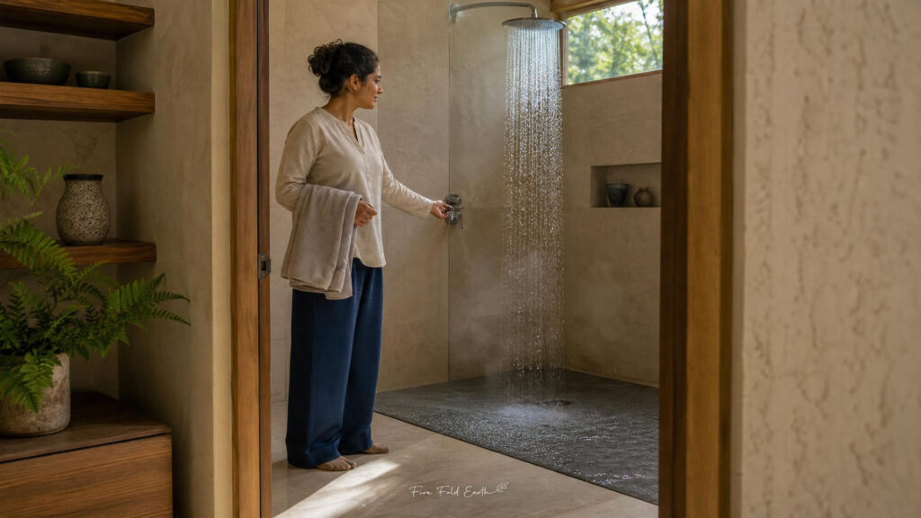 Water Meditation Woman preparing her daily transition shower meditation