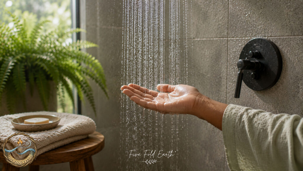 Mindfulness during spiritual shower symbolized by hand touching water