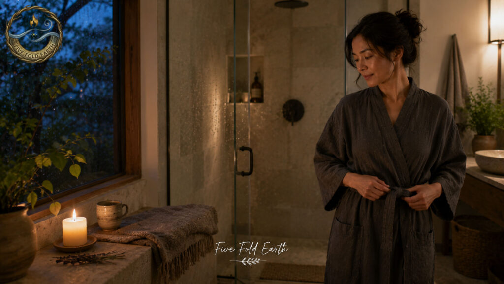 spiritual shower ritual evening rest relax let go symbolized by woman getting ready to shower