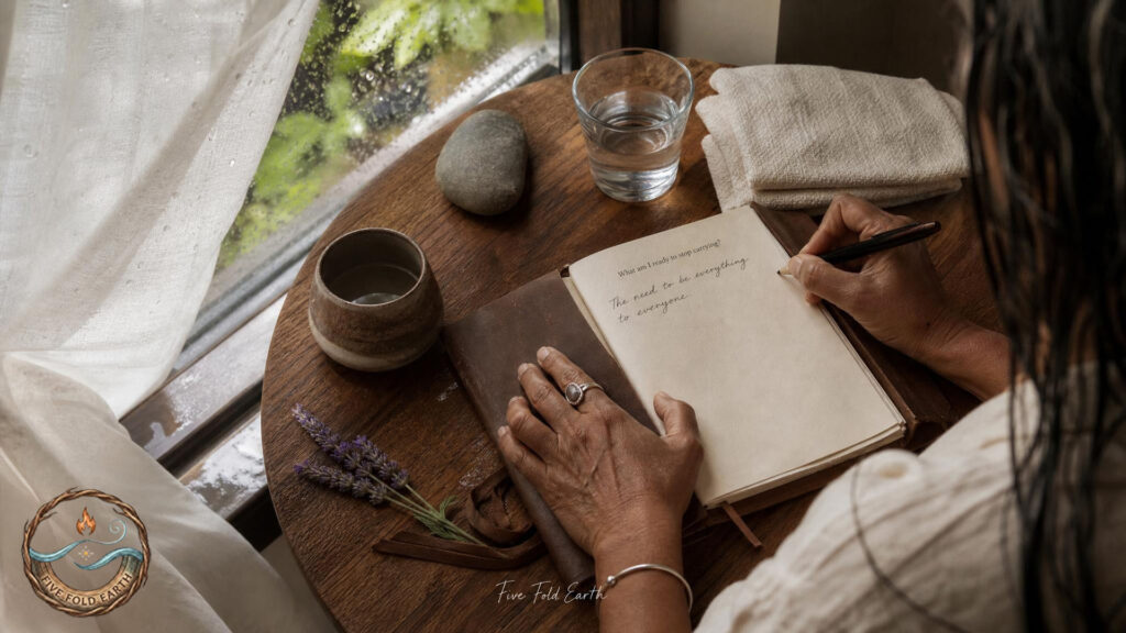 Woman making journal reflection before her spiritual shower