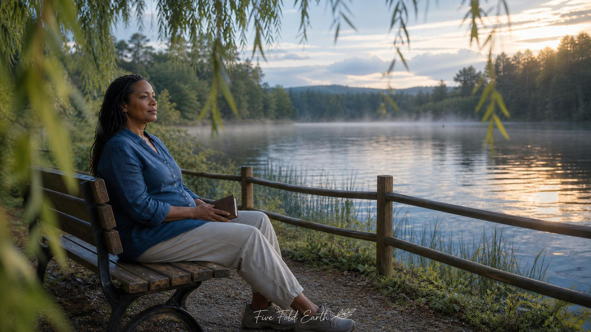 Water Meditation Woman by calm flowing stream